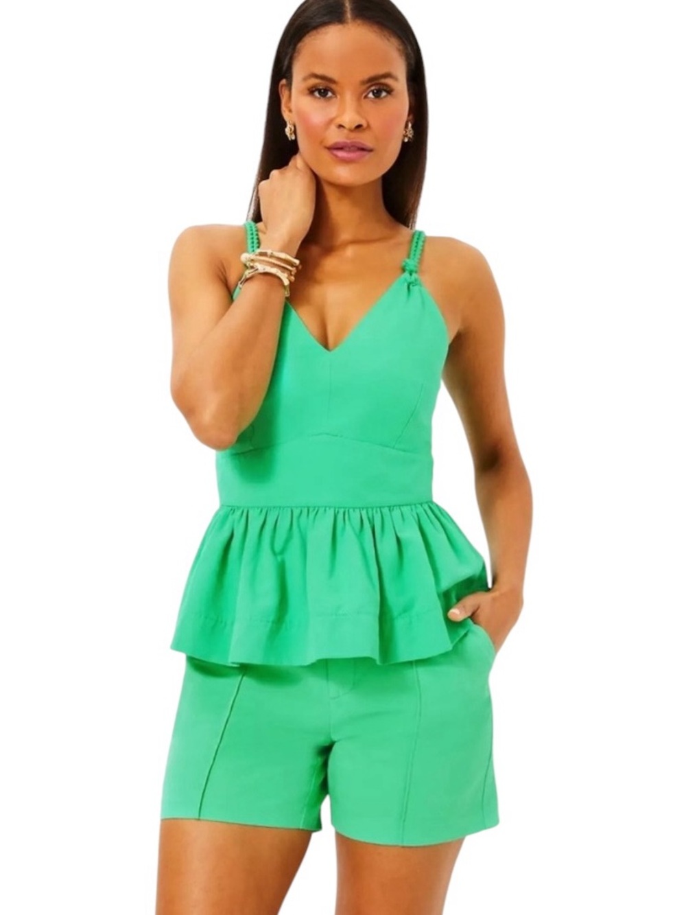 New Lilly Pulitzer Crishna Braided Straps Green Peplum Top in Spearmint Size 16